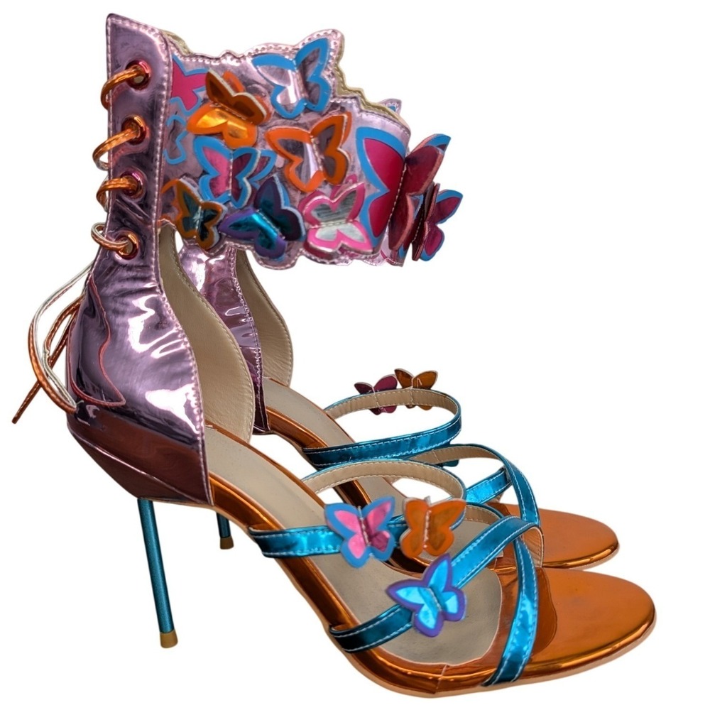 Women's 39 Butterfly Metallic 3D Pink Blue Orange Open‎ Toe Strappy Heels